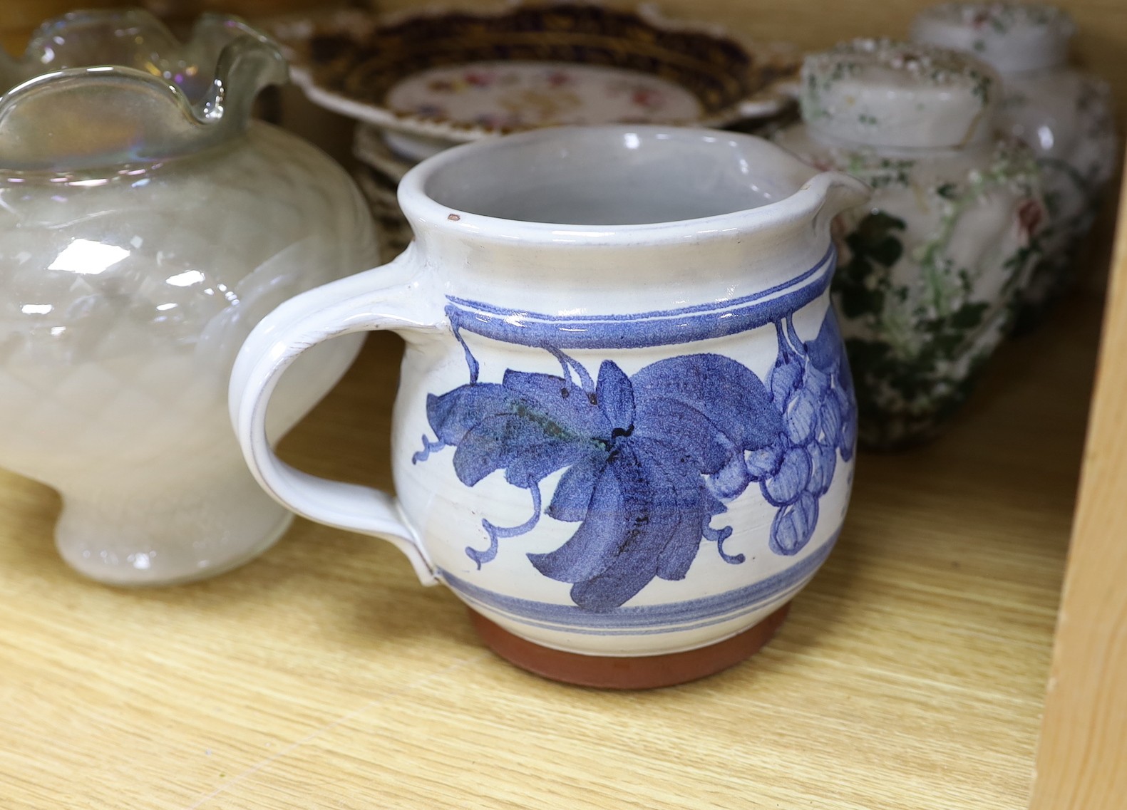 An English porcelain part desert set c.1825, a set of 9 James Pearson stoneware kitchenalia jars together with other ceramics and glass